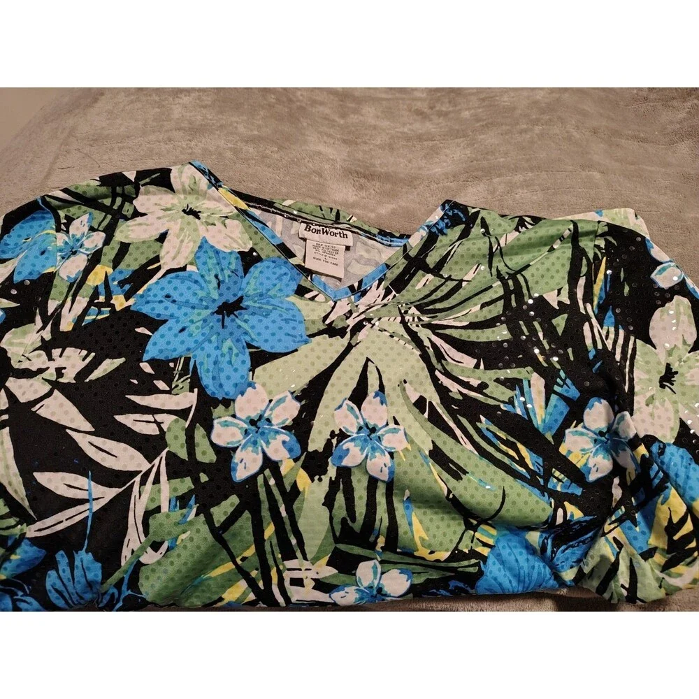 BonWorth Women's L Multicolor Floral Sequin V-Neck Short Sleeve Knit Top